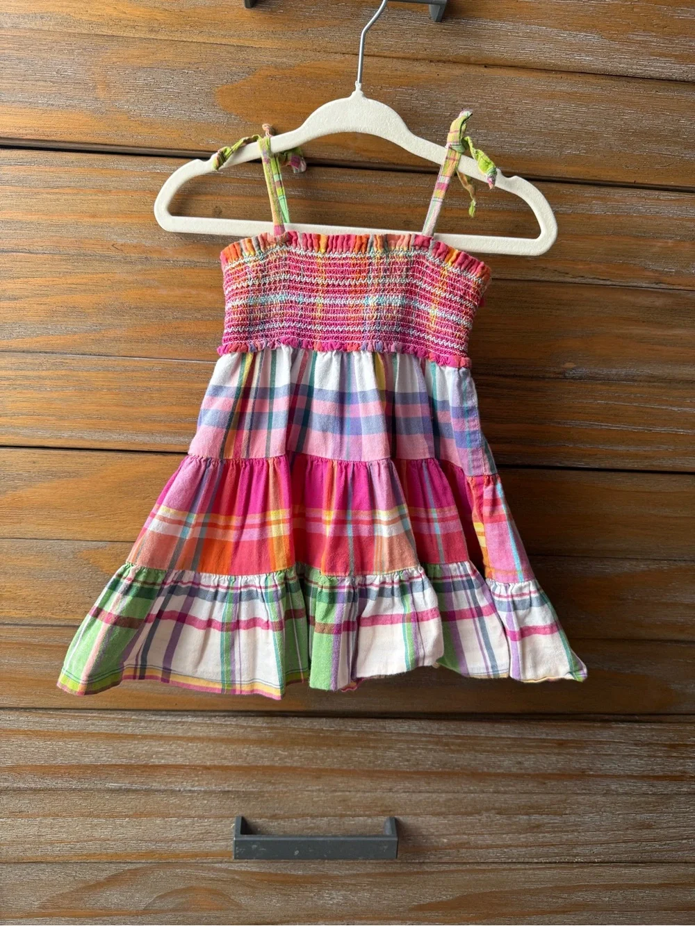 Ralph Lauren Plaid Pink, Orange & Green Plaid Smocked Dress Madras Dress Bloomer